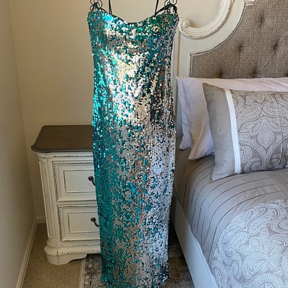 As U Wish Dresses & Skirts - As U Wish Teal & Silver Sequin Slip Dress